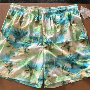 Old Navy Palm-Print Swim Trunks in Blue, Green, White